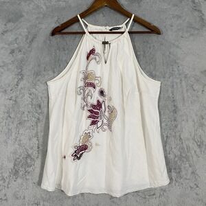 Evans Tank Top Women 24 White Beaded Floral Embroidered Linen Blend Halter Boho